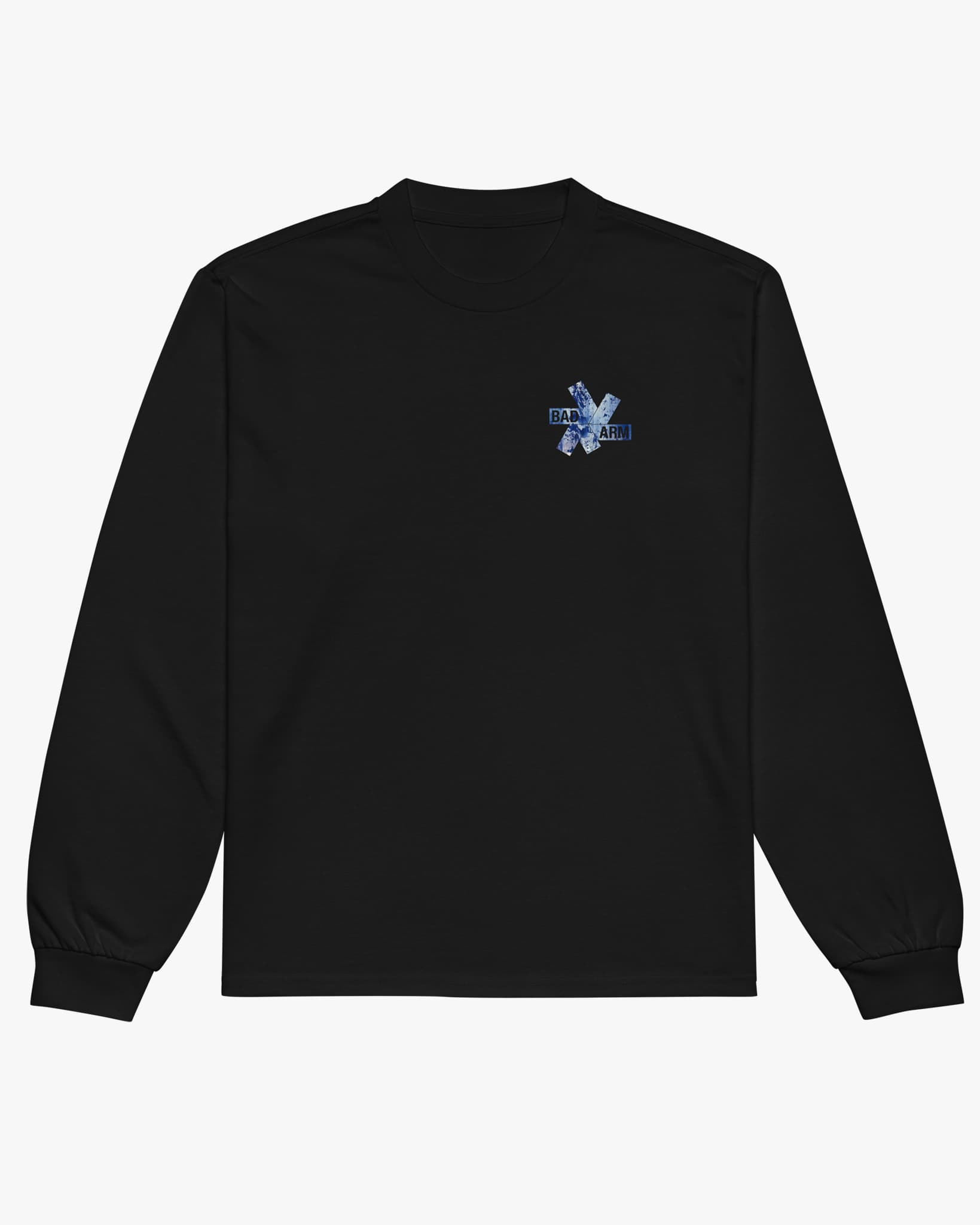 Black long-sleeve shirt with a blue logo on the back against a white background